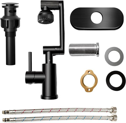 1080° Rotatable Bathroom Faucet, Black,SUS304, Dual Spray Modes | Stainless Steel Vanity Sink Faucet, Height Adjustable, Single & 3-Hole Mount, Universal 1080° Swivel, Grifo de baño giratorio