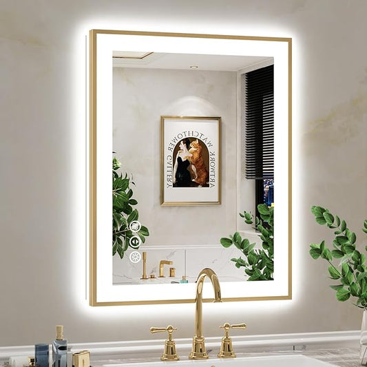 24x30 Inch LED Bathroom Mirror with Lights (Front Lit and Backlit) Gold Framed Lighted Vanity Mirror for Bathroom Wall Dimmable Anti-Fog Memory Tempered Glass Horizontal/Vertical