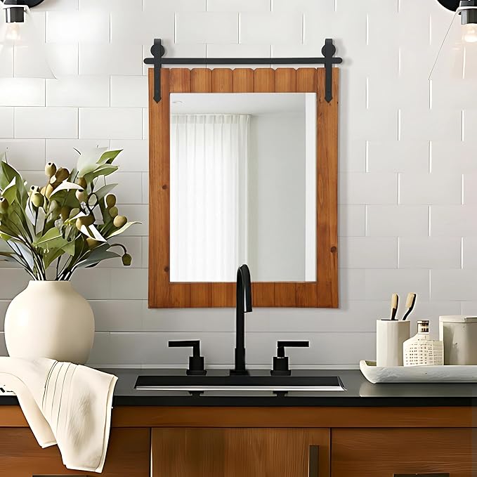 Besdomus Bathroom Rustic Wall Mirror: 22"x30" Brown Barn Door Solid Cedar Wood Frame Vanity Mirror - Wall Mounted Mirror for Hallway/Living Room/Bathroom - Farmhouse Decor for Fashion-Conscious