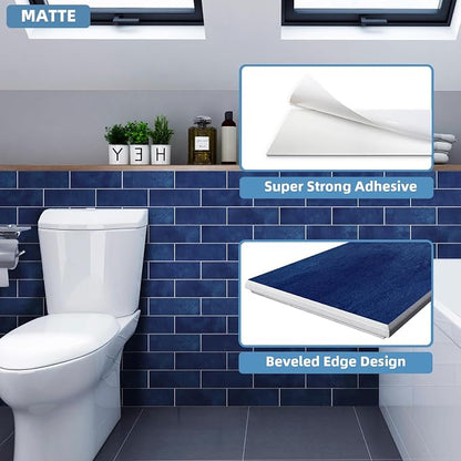 Tilingview 30 PCS Peel and Stick Backsplash Tile for Kitchen/Bathroom/Living Room, 3"x 9" Self-Adhesive Subway Tile for Backsplash, Imitation Glazed Tiles/Handmade Tiles (Matte Navy Blue)