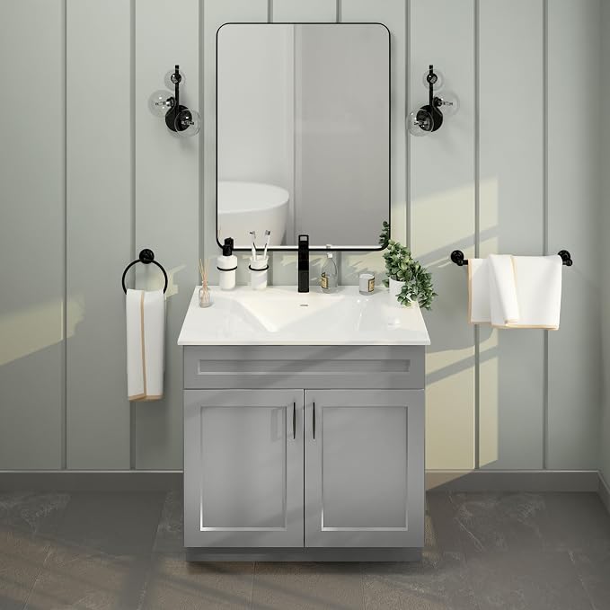36" Light Grey Shaker Bathroom Vanity Base – Ready-to-Assemble Sink Cabinet, Freestanding Bathroom Vanity Base Only, No Top or Sink