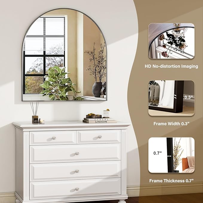 HARRITPURE 26"x28" Arched Bathroom Mirror Wall Mounted Black Arch Mirror | Vanity Aluminum Alloy Frame Arch Wall Mirror for Living Room, Bedroom, Entryway