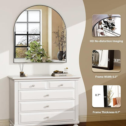 HARRITPURE 26"x28" Arched Bathroom Mirror Wall Mounted Black Arch Mirror | Vanity Aluminum Alloy Frame Arch Wall Mirror for Living Room, Bedroom, Entryway