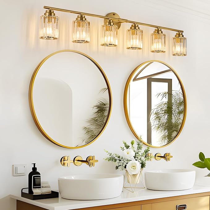 Modern 45.7" Crystal Vanity Light, 6 Light Bathroom Light Fixtures, Gold Vanity Light with Clear Crystal Shades, E26 Base Wall Sconces Vanity Lights for Bathroom Powder Room