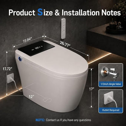 Smart Toilet with Bidet Built in, Tankless Smart Toilet 12 Inch Rough In, Auto Open and Close Lid, Heated Seat, Warm Air Dryer, Foot Sensor Operation, LED Display & Night Light, 1000g MaP