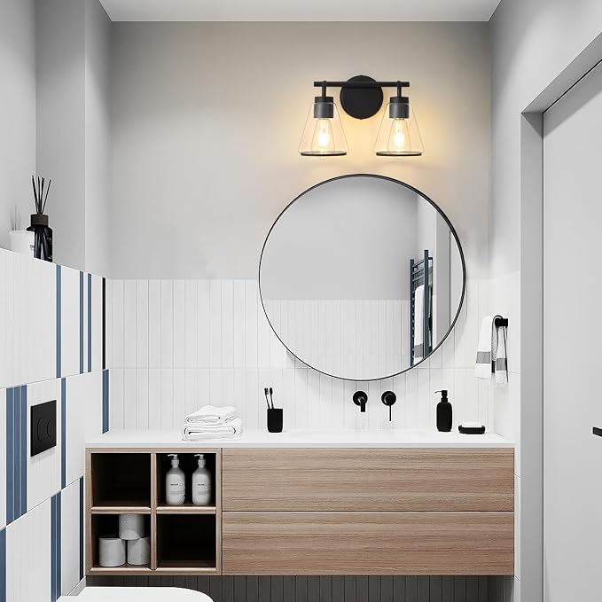 Black Bathroom Vanity Light 2 Lights Bathroom Light Fixtures Over Mirror | Vanity Lighting Fixtures with Clear Glass Shade, 14 inch Modern Vanity Lights for Bathroom, Wall Sconce Lights for Bedroom