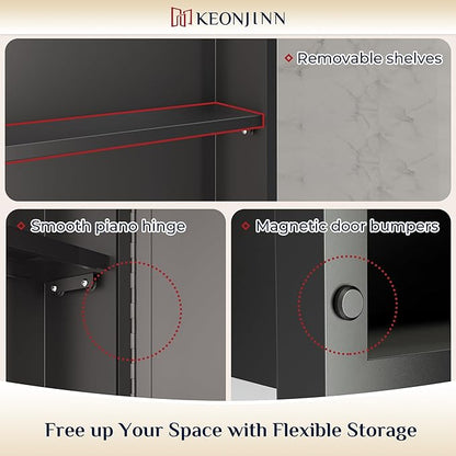 Keonjinn 21" x 27" Medicine Cabinet for Bathroom, Silver Recessed or Surface Wall-Mounted Aluminum Alloy Framed Beveled Mirror with Storage, Mirrored Cabinets with 2 Adjustable Shelves for Bath Modern