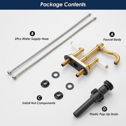 Porcelain 2-Handle Brushed Gold Bathroom Faucet 4 Inch Centerset | with Plastic Pop-up Drain and Two 23.6" Supply Lines, Classical Gold Bath Vanity Sink Faucets for 2/3-Hole Sinks, Brass Spout