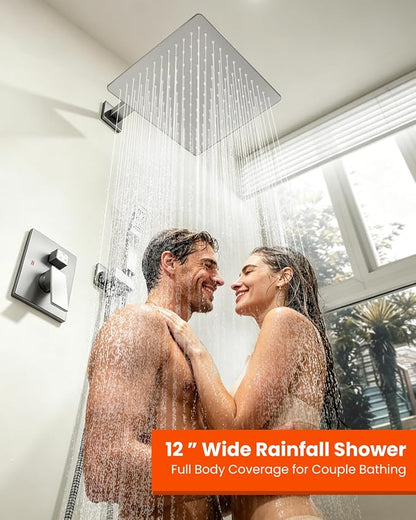 gotonovo Tub Shower Faucet Set with Valve 12'' Rain Head,Brushed Nickel | Waterfall Tub Spout Shower System,Bathtub Faucet Set,SUS304 Rain Head with Handheld,Brass Valve Trim Kit,All Metal,Wall Mount