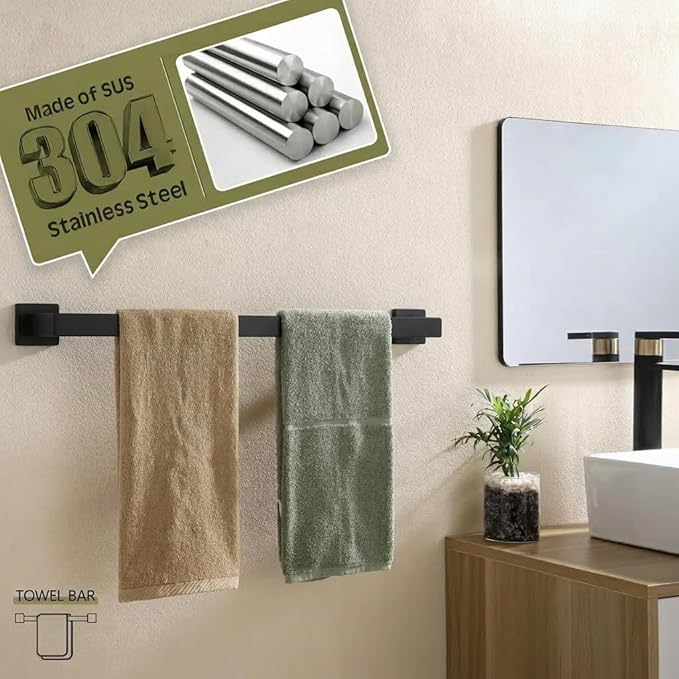 Matte Black Bathroom Hardware Set, 5-Piece Premium SUS304 Stainless Steel Bath Accessories, 23.6 Inch Black Towel Bar Rack, Heavy Duty Square Fixtures for Modern Home