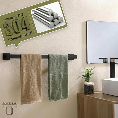 Matte Black Bathroom Hardware Set, 5-Piece Premium SUS304 Stainless Steel Bath Accessories, 23.6 Inch Black Towel Bar Rack, Heavy Duty Square Fixtures for Modern Home