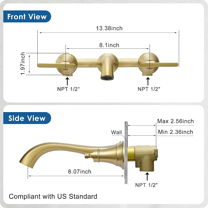 Wall Mount Tub Faucet, High Flow Solid Brass Brushed Gold Bathtub Faucet, 2 Handles Tub Filler with 8" Spout Reach, Rough-in Valve Included