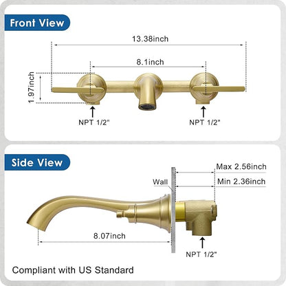 Wall Mount Tub Faucet, High Flow Solid Brass Brushed Gold Bathtub Faucet, 2 Handles Tub Filler with 8" Spout Reach, Rough-in Valve Included