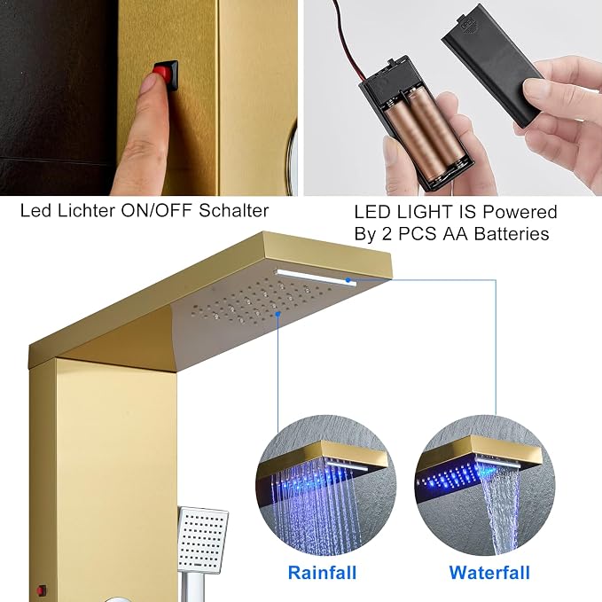 5-in-1 Shower Panel Tower System with LED Lights, 2-in-1 Body Massage, Rainfall, Waterfall,Handheld and Tub Spout, Stainless Steel Shower Column - Gold