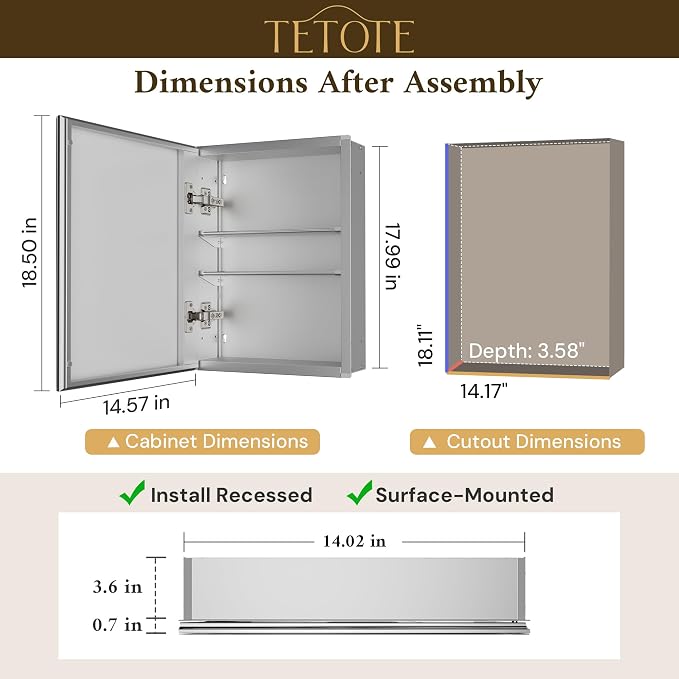 TETOTE 14 x 18 Medicine Cabinet with Tempered Beveled Mirror Silver Aluminum Cabinet DTC Hinges, 2 Stepless Adjustable Shelves, Recessed/Surface-Mounted