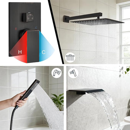 Midanya Shower System with Tub Spout,16 Inch Shower Head,Oil Rubbed Bronze | with Valve & Trim Kit,Square Rain Head,Handheld Sprayer,Waterfall Spout,All Metal Wall Mount Bathroom Shower Tub Faucet Set