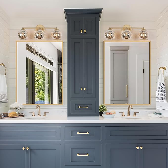 KSANA 3-Light Gold Vanity Light, Modern Globe Bathroom Light Fixtures with Mercury Glass Shades Over Mirror