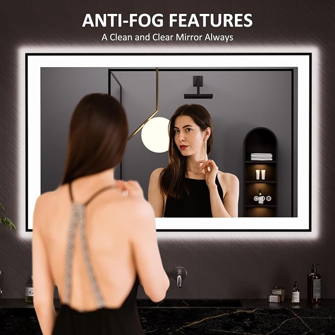 LOAAO 48"X30" LED Bathroom Mirror Black Framed | Anti-Fog, Dimmable, Memory Function, Tempered Glass, Lighted Vanity Mirror for Wall