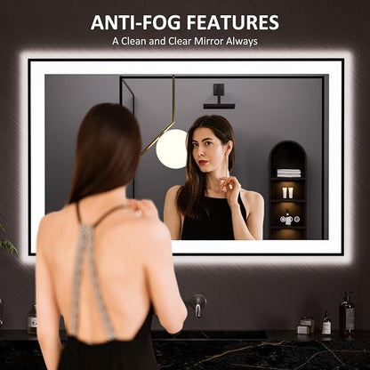 LOAAO 48"X30" LED Bathroom Mirror Black Framed | Anti-Fog, Dimmable, Memory Function, Tempered Glass, Lighted Vanity Mirror for Wall