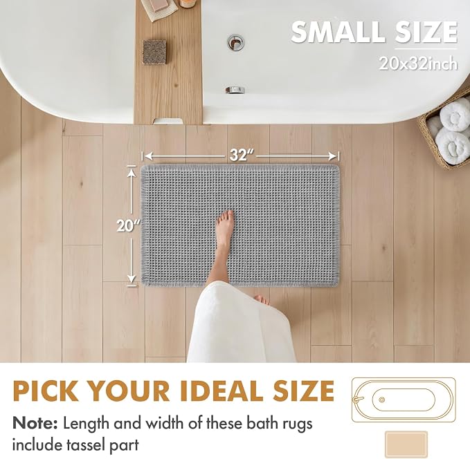 MIULEE Set of 2 Waffle Bathroom Rugs Boho Bath Mat Light Grey 20x32 Inch | Non Slip, Super Absorbent, Washable, Ultra Soft, Rubber Backed Bath Rugs for Bathroom Floor Tub Shower