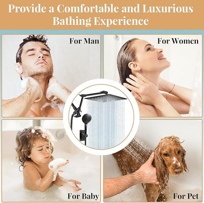 12" Black Rain Shower Head with Handheld Spray and 16" Extension Arm | High Pressure with Flexible Adjustment of Height/ Angle Upgraded Arm and 5 Setting Handheld Shower Head with Hose, Anti-leak