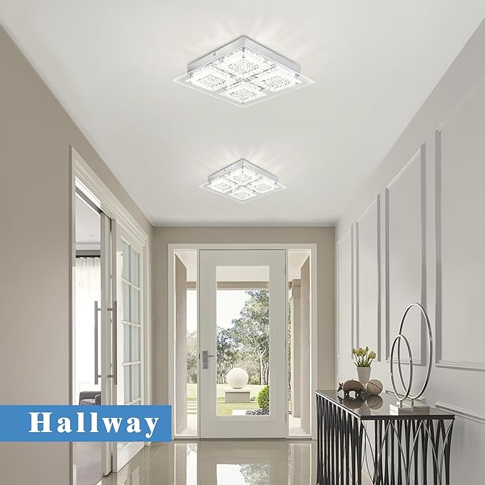 Hallway Light Fixture Crystal Flush Mount Ceiling Lights LED Square Bathroom Ceiling Light Dimmable 14 Inch 4000K Kitchen Ceiling Lighting Foyer Chrome Living Room Light