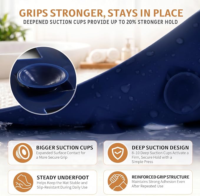 Yimobra Bathtub Mat Non Slip, Shower Mat with Strong Suction Cups & Drain Holes, 28"X16", Anti Slip Bath Tub Mat for Inside Shower, Machine Washable Fast Drying, Bathroom Essentials,Navy Blue