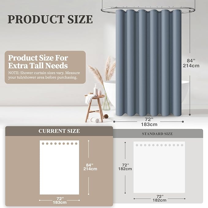 Long Linen Textured Waterproof Shower Curtain Set, 72x84, Blue Gray | Tall Size, 230GSM Polyester, Heavy Duty Cloth, Weighted Hem, 12 Plastic Hooks, Modern Luxury Hotel Style, Machine Washable
