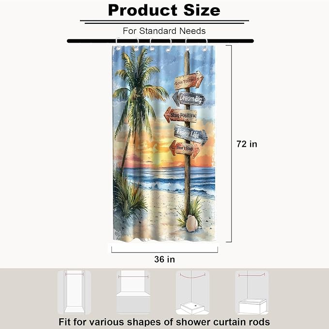 Beach Tropical Coastal Shower Curtain Luxury Aesthetic Palm Tree Summer Sun | Inspirational Shower Curtains for Bathroom, Waterproof Bath Curtain with Hooks Machine Washable Bathtub Curtains 36x72 Inch