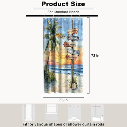 Beach Tropical Coastal Shower Curtain Luxury Aesthetic Palm Tree Summer Sun | Inspirational Shower Curtains for Bathroom, Waterproof Bath Curtain with Hooks Machine Washable Bathtub Curtains 36x72 Inch