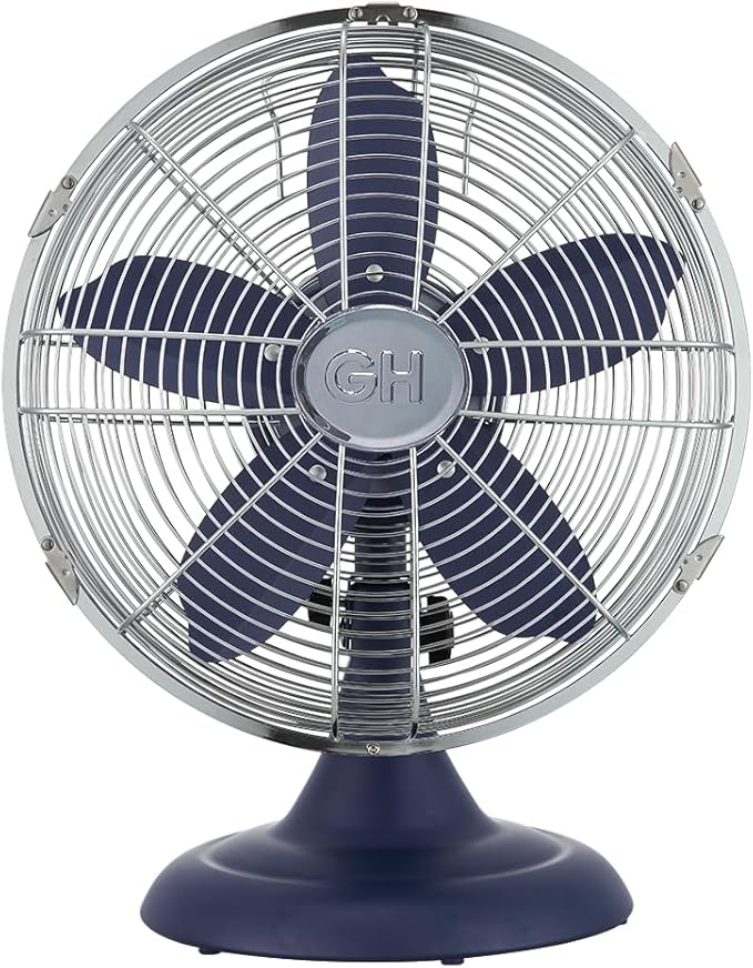 Good Housekeeping 92618 All-Metal 12" Retro Desk Office Table Fan with Wide Oscillation, 3-Speed Settings & Carrying Handle, Maritime Blue