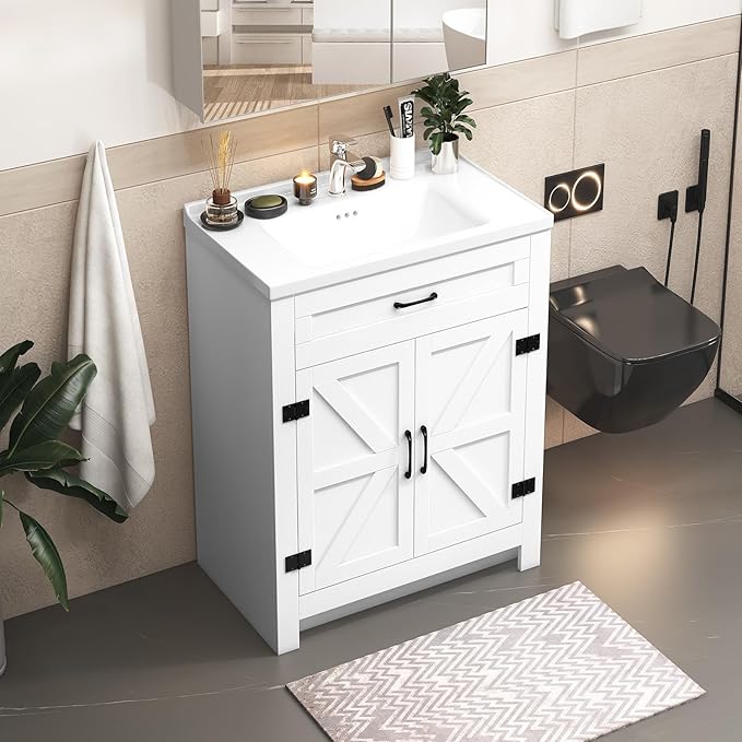 23.1inch Bathroom Sink Vanity Combo, Small Freestanding Single Bath Vanity Sink Set with 2 Doors, Single Basin Bathroom Storage Cabinet, White