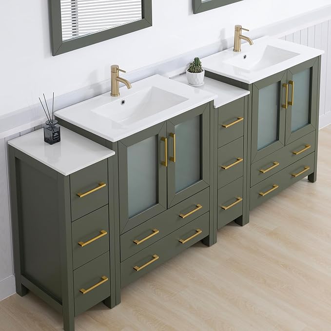Vanity Art 84 Inch Under Mount Double Sink Bathroom Vanity Cabinet with 2 Mirrors, Ceramic Top Bathroom Cabinet Compact Set with 10 Dovetail Storage Drawers and Golden Brushed Handles, VA3030-84-VG