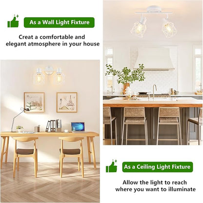 Baocuz 2-Lights White Kitchen Track Lighting, Adjustable Multi-Directional Ceiling Light Fixtures, Rotatable Farmhouse Light Fixtures Mount with Metal Cage for Dining Room, Living Room, Bedroom