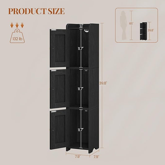 Slim Bathroom Storage Cabinet, Narrow Cabinet with 3 Doors, Small Bathroom Organizers and Storage, Laundry Room Organization for Small Space, Kitchen, Living Room, Black 022304X