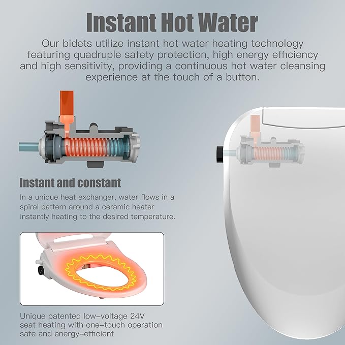 Electric Bidet Toilet Seat Heated Elongated, Smart Bidet Toilet Seat Instant Warm Water & Dryer,Adjustable Water Pressure,Self-Clean Nozzle,Night Light,Slow Close,For Men Women & Child