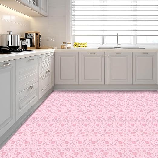 Pink Sparkle Floral Peel and Stick Floor Tiles 12x12 Inch 10PCS | Pink floral pattern with a printed sparkle look vinyl floor stickers for kitchen bathroom entryway and indoor home decor