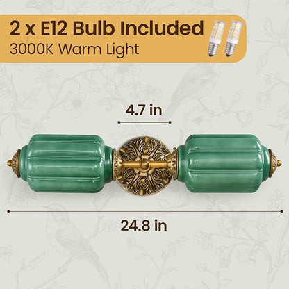 2-Light Vintage Bathroom Light Fixtures, Milk Glass Retro Vanity With Light Green Shade & Gold Carved Metal, Hardwired Antique Wall Sconce For Living Room, Bedroom, Dining Room, Kitchen (Green)