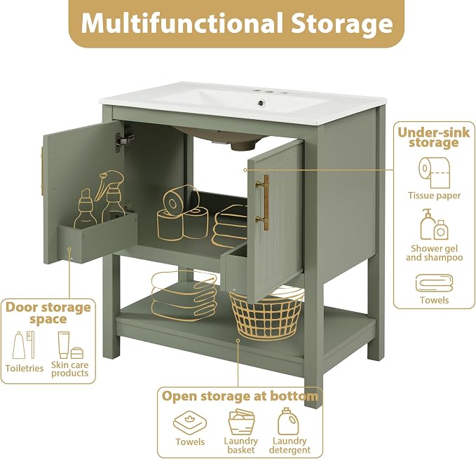 30" Bathroom Vanity with Ceramic Sink,Sink Cabinet w/Soft Closing 2 Doors and Bottom Shelf,Metal Handles,Freestanding Wooden Storage Cabinet,Solid Wood Frame,for Small Space,Green