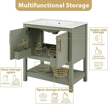 30" Bathroom Vanity with Ceramic Sink,Sink Cabinet w/Soft Closing 2 Doors and Bottom Shelf,Metal Handles,Freestanding Wooden Storage Cabinet,Solid Wood Frame,for Small Space,Green