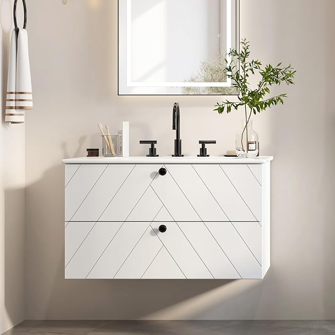 Floating Vanity with Sink 30", Bathroom Vanities Cabinet with White Ceramic Sink, 2 Large Storage Drawers with Soft-Close System, Wall Mounted, Easy Cleaning