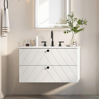 Floating Vanity with Sink 30", Bathroom Vanities Cabinet with White Ceramic Sink, 2 Large Storage Drawers with Soft-Close System, Wall Mounted, Easy Cleaning