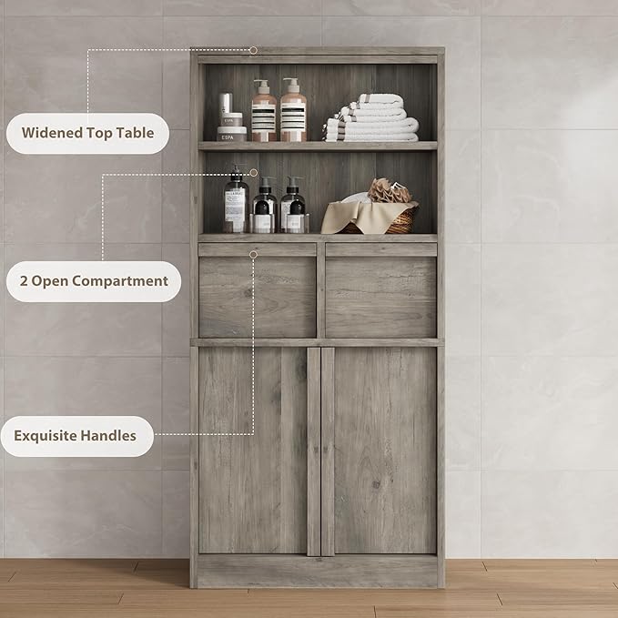 GAOMON 51" Tall Bathroom Storage Cabinet, Floor Cabinet with Doors & 2 Drawers, Organizer Cabinet Freestanding for Bathroom, Living Room, Kitchen & Pantry, Grey