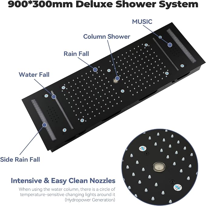 CASAINC Thermostatic Shower System with Body Jets, 36x12 Inch Luxury 6 Functions Waterfall Shower Jets System, Multifunctional Full Body Shower System with Sliding Rod Hand Shower, LED & Music