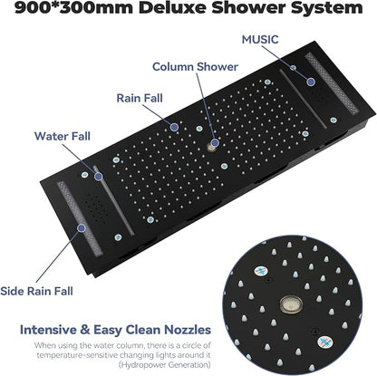 CASAINC Thermostatic Shower System with Body Jets, 36x12 Inch Luxury 6 Functions Waterfall Shower Jets System, Multifunctional Full Body Shower System with Sliding Rod Hand Shower, LED & Music