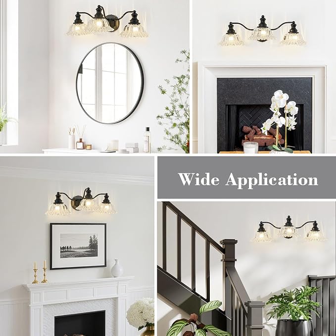 Black Bathroom Light Fixtures Over Mirror, 3 Light Vintage Bathroom Vanity Light Fixture with Clear Flower Glass Shades, Retro Vanity Lights for Bathroom, Bathroom Vanity Lights Over Mirror