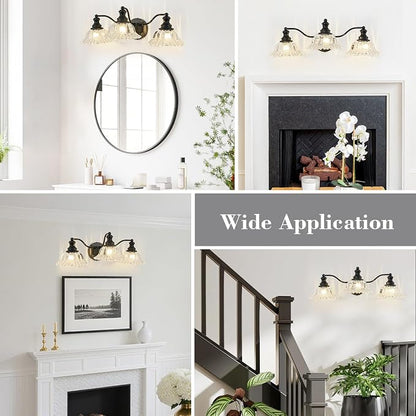 Black Bathroom Light Fixtures Over Mirror, 3 Light Vintage Bathroom Vanity Light Fixture with Clear Flower Glass Shades, Retro Vanity Lights for Bathroom, Bathroom Vanity Lights Over Mirror