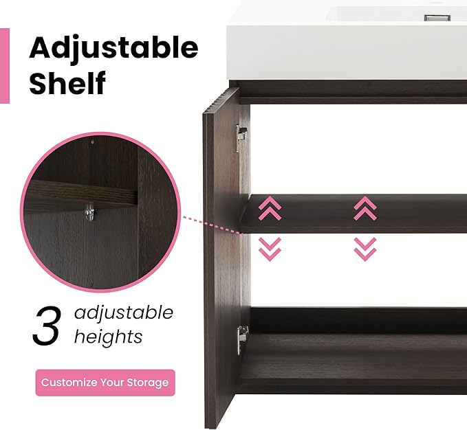 36" Bathroom Vanity with Sink Combo, Mid Century Modern Bathroom Cabinet with Doors & Open Shelf, Glossy White Integrated Sink with Overflow, Dark Grey Oak