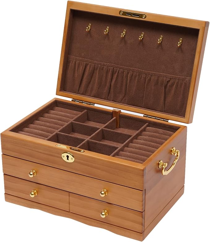 Extra Large 3 Layers Wooden Jewelry Box Jewelry Case Cabinet Armoire Ring Necklacel Gift Storage Box Organizer(3 layers,6 built-in hooks)