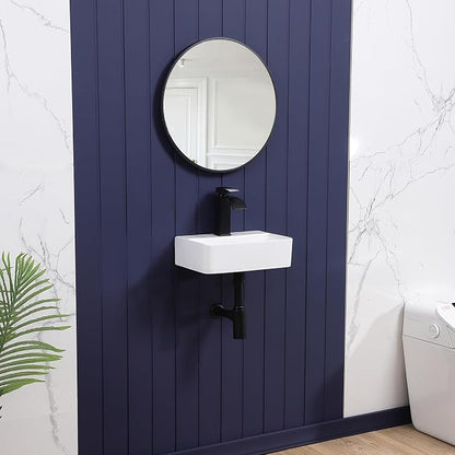 Small Wall Mount Bathroom Vessel Sink 14"x10" Rectangular Floating White Porcelain Ceramic Wall Hung Vanity Basin Sink for Tiny Home,RV,Bathroom